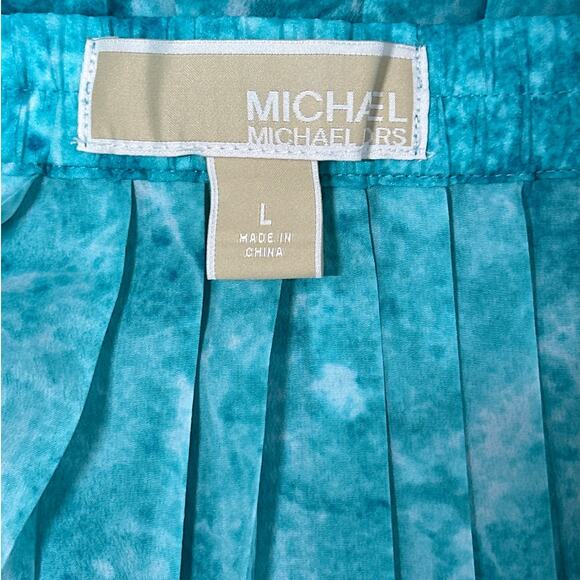 Michael Kors Turquoise Water Print Pleated Maxi Long Skirt Pull On Size L Flowy - Picture 11 of 12